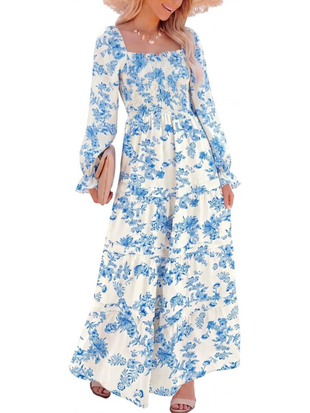 Women's White Blue Long Sleeve Square Neck Floral Fall Maxi Dress with Pocket